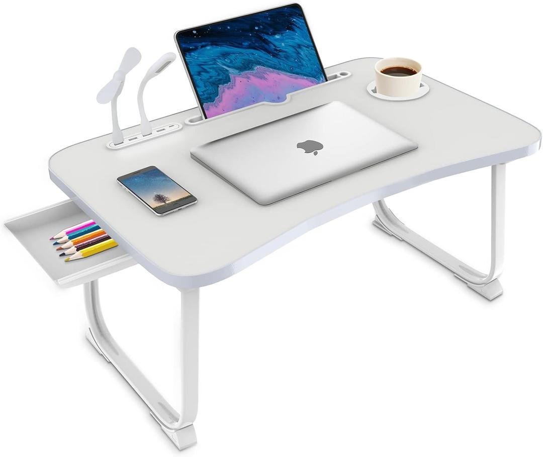 Fayquaze Laptop Bed Desk, Portable Foldable Lap Bed Table with USB Charge Port Storage Drawer and Cup Holder,Lap Desk Laptop Stand Tray Table Serving Tray for Eating, Reading and Working (White)