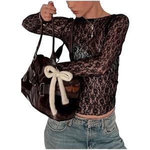 GORGLITTER Women's Floral Lace Sheer T Shirts Mesh Crew Neck Long Sleeve Going Out Tee Tops Size S