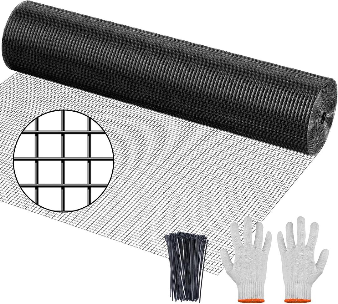 Hardware Cloth, Galvanized Chicken Wire Fence, 19 Gauge Vinyl Coated Wire Mesh Roll, Black Welded Wire Fencing Roll Gopher Wire Mesh Roll for Garden Fencing Rabbit Snake Wire (Black 24IN 100FT)