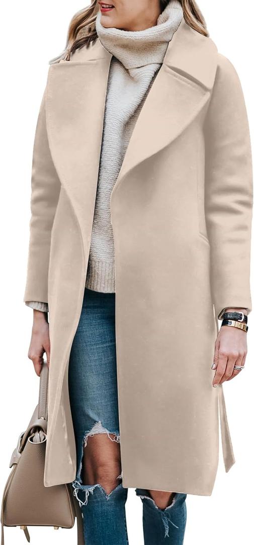 BZB Women's Long Wool Blend Pea Coat Winter Casual Overcoat Notched Lapel Collar Trench Coat Belted Long Jacket Outerwear (X-Large, Beige)