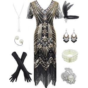 Women's 1920s Gatsby Inspired Sequin Beads Long Fringe Flapper Dress w/Accessories Set (Style04-black&gold)