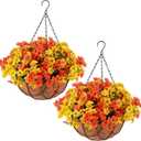 Artificial Fall Hanging Flowers Basket for Outdoor Decoration Faux Orchid Arrangement Porch Plants Coconut Lining Basket for Autumn Courtyard Decor(Yellow, Orange,2 Pack)