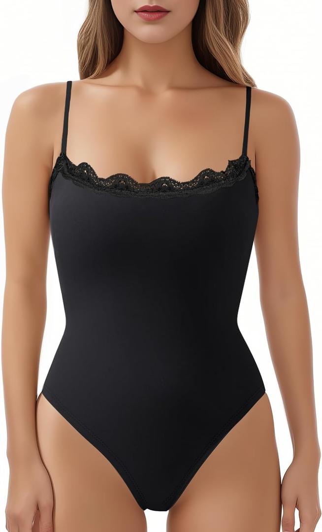Women Spaghetti Strap Square Neck Bodysuit Sleeveless Body Suit Thong Double Lined Backless Camisoles Leotard (Small, Black-1)