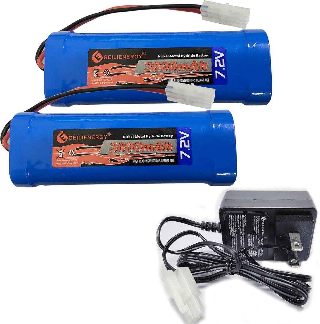 GEILIENERGY 7.2V RC Battery Pack (2 Pack) 3800mAh High Capacity 6-Cell NiMH Flat Battery Pack w/Standard Tamiya Connector+7.2V Smart Charger (1 PCS)
