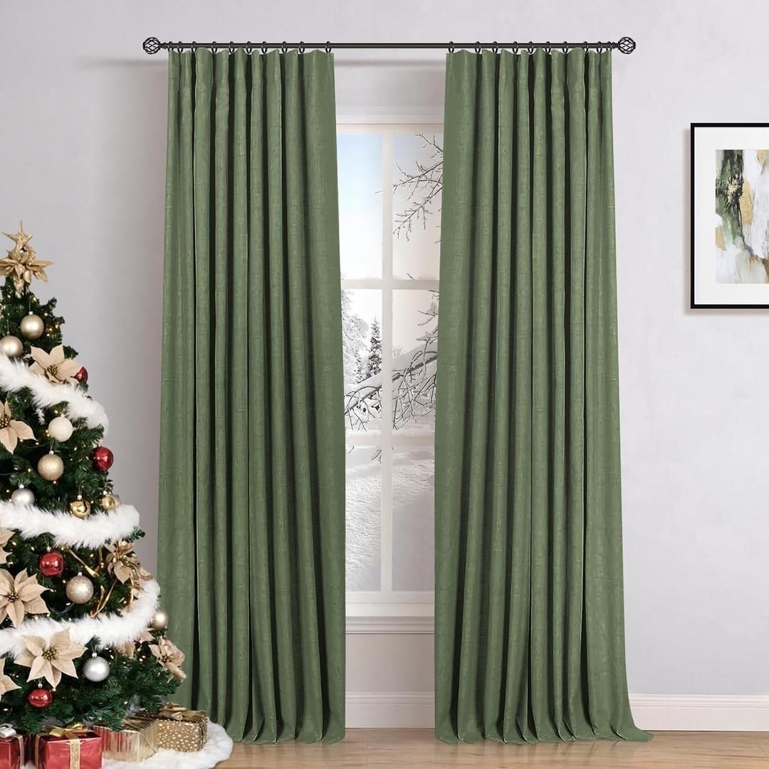 INOVADAY 100% Blackout Curtains for Bedroom Black Out Curtains 80 Inch Long | Moss Green Living Room Curtains 2 Panels, Clip Rings Linen Look Blackout Drapes, Thermal Insulated Room Darkening, W50xL80