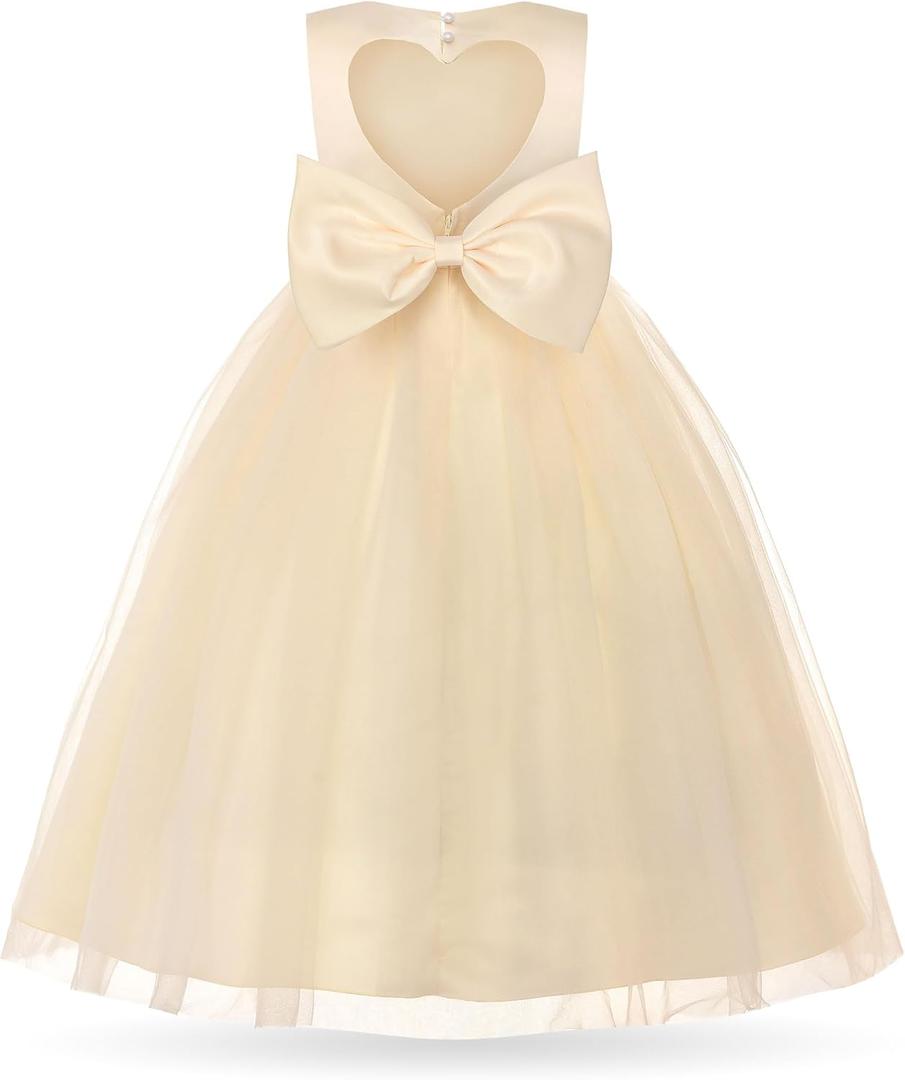Uhnice Flower Girl Pearl Dress Tulle Ball Gown Bow Prom with Heart Cutout for Wedding Birthday Party (2-3T, Champagne)