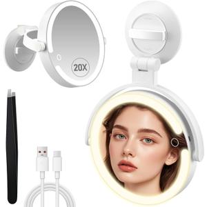 Magnifying Mirror with Light 20X, LED Bathroom Mirror with 3 Lighting Modes, Rotation Wall Mounted Makeup Mirror, Rechargeable Mirror with Lights and Suction Cup, for Home, Bathroom, Travel