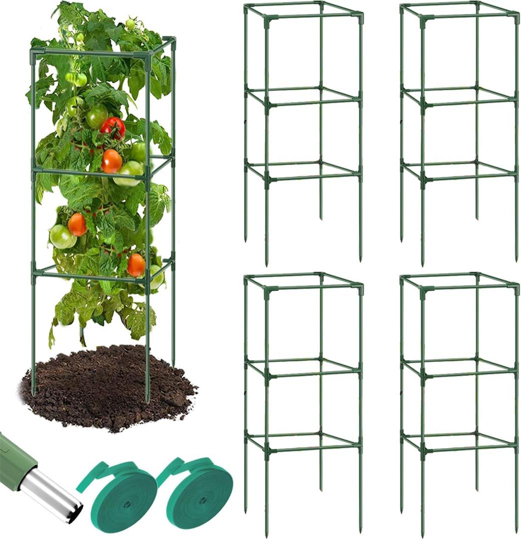 Megidok 5 Pack Tall Square Tomato Cages for Garden, 47" Heavy Duty Tomato Trellis for Raised Garden Bed, Tomato Cages Plant Stakes for Climbing Vegetables Plants Fruits with 33ft Ties