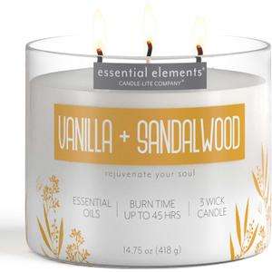 Essential Elements by Candle-lite Scented Candles, Vanilla & Sandalwood Fragrance, One 14.75 oz. Three-Wick Aromatherapy Candle with 45 Hours of Burn Time, Off-White Color