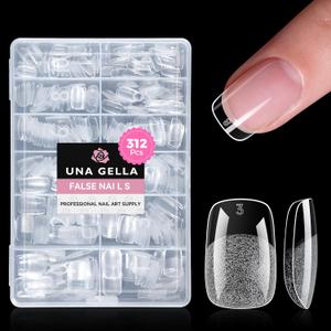 UNA GELLA Short Square & Squoval Gel Nail Tips 312pcs Short Round Square Nail Tips Pre Etched Soft Gel Clear Fake Nails Full Cover For Nails Extension DIY Salon 12 Sizes At Home