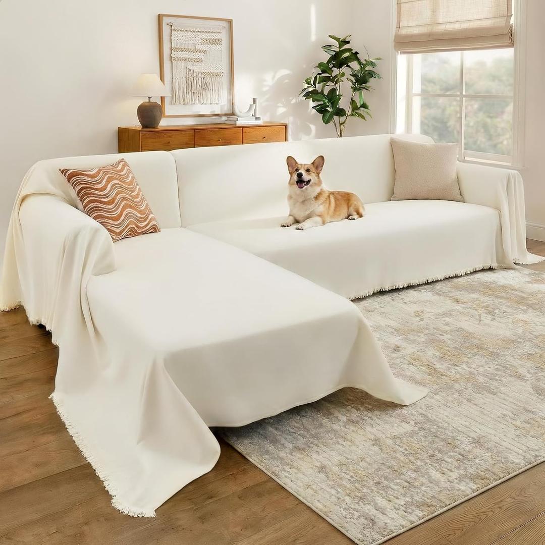 Sectional Couch Covers, 2 Pieces Chenille Sofa Cover L Shaped Couch Cover Blanket for Dogs Washable Sofa Slipcovers Pet Furniture Protector (XX-Large: 71" x 118" + 71" x 118", Beige)