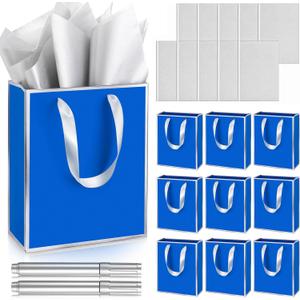 Yeaqee 10 Pack Metallic Paper Gift Bags with Handle Tissue Paper Thank You 5 Senses Gift Bag for Birthday Wedding Baby Shower Groomsmen Bridal Graduation Party Favor 9 x 7 x 3.15''(Royal Blue, Silver)