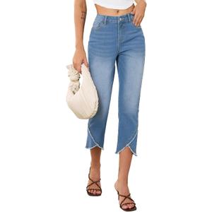 Sidefeel Women's Capri Jeans High Waisted Stretchy Skinny Jeans Trendy Cross Raw Hem Summer Cropped Denim Pants Iceland Blue Size 4