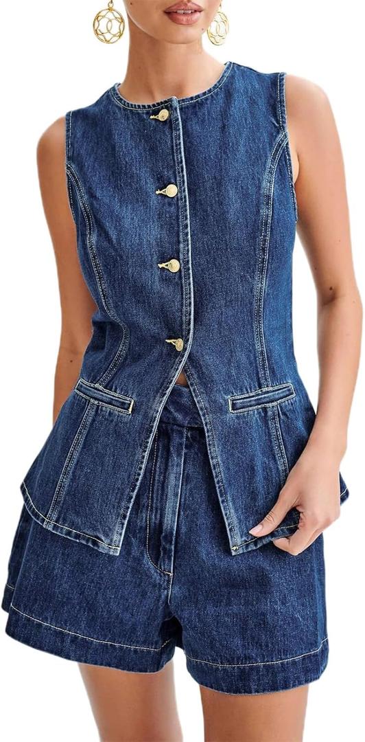 Women's Denim Long Vest Waistcoat Sleeveless Button-Up Back Slit Jean Jacket Y2k Clothes, XL