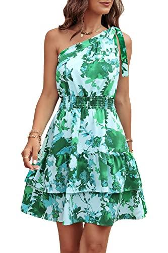 PRETTYGARDEN Women's Summer Tie One Shoulder Boho Floral Dress Elastic Waist Tiered Ruffle A Line Flowy Mini Dresses (Print Green,Small)