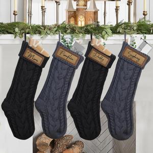 steo spce 4 Pack Personalized Christmas Stocking with Leather Patches Custom Name Family Christmas Stockings, 18.5 Large Knitted Xmas Stockings for Kids, Holiday and Fireplace Party Decoration (Black)