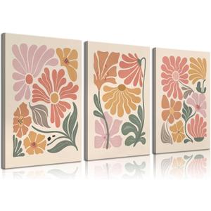 LBARTXY 3Pcs Framed Boho Flowers Canvas Wall Art Abstract Botanical Floral Wall Decor Pictures Neutral Minimalist Terracotta Plant Prints for Living room Bedroom Decoration 12x16in