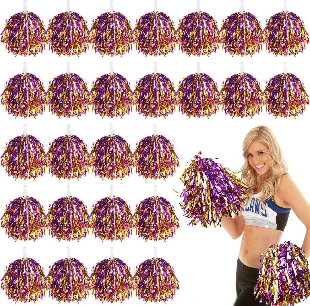 VAIPI 48 Pack Cheerleading Pom Poms Kit with Baton Handle Metallic Foil Squad Team Spirited Fun Cheer Pom Poms Bulk for Kids Adults Cheerleader Gifts Team Spirit Sports Party (Purple & Gold)