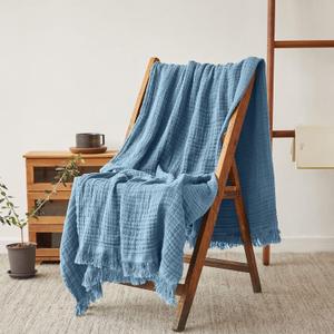 Simple&Opulence Cotton Muslin Throw Blanket for Bed, Couch, Knit Woven Gauze Blanket with Tassels, Soft Lightweight Cozy Pre-Washed Breathable Farmhouse Decoration for All-Season (50 x 60-Inches,Dusty Blue)