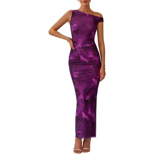PRETTYGARDEN Women's 2026 Summer Floral One Shoulder Maxi Dress Wedding Guest Ruched Mesh Bodycon Long Cocktail Dresses XXL