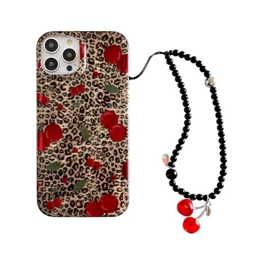 aaknhen Leopard Cherry Phone Case Compatible for iPhone 16 Pro Max,Cute Trendy Cheetah Print Design with Wrist Strap Charm Chain,Summer Fruit Protective Cover for Girl Women 6.9 inch