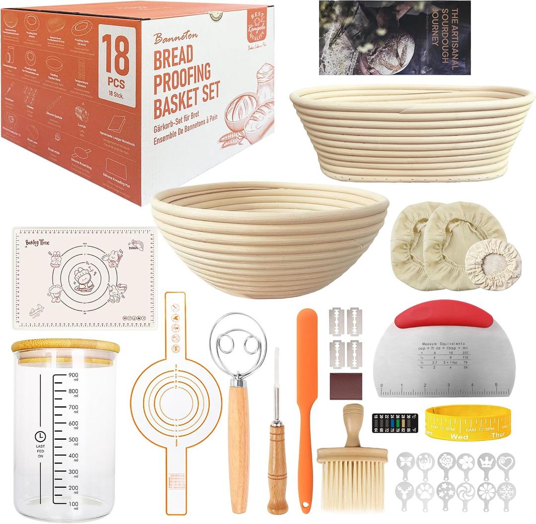 18-Piece Sourdough Starter Kit Banneton Bread Proofing Basket Set with Round & Oval Sourdough Basket, Sourdough Bread Baking Supplies, Proofing Basket, Bread Basket, Whisk, Lame, Jar & Liners
