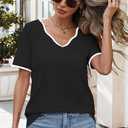 4 x JomeDesign Womens Summer Tops Short Sleeve Color Block V Neck Shirts Loose Fit Casual Blouses (Black, M)
