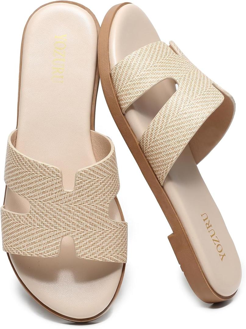 Yozuru Womens Flat Sandals Open Toe Dressy Summer Sandals Comfortable Casual Slip on Leather Slides Sandals for women (9.5, Raffia)