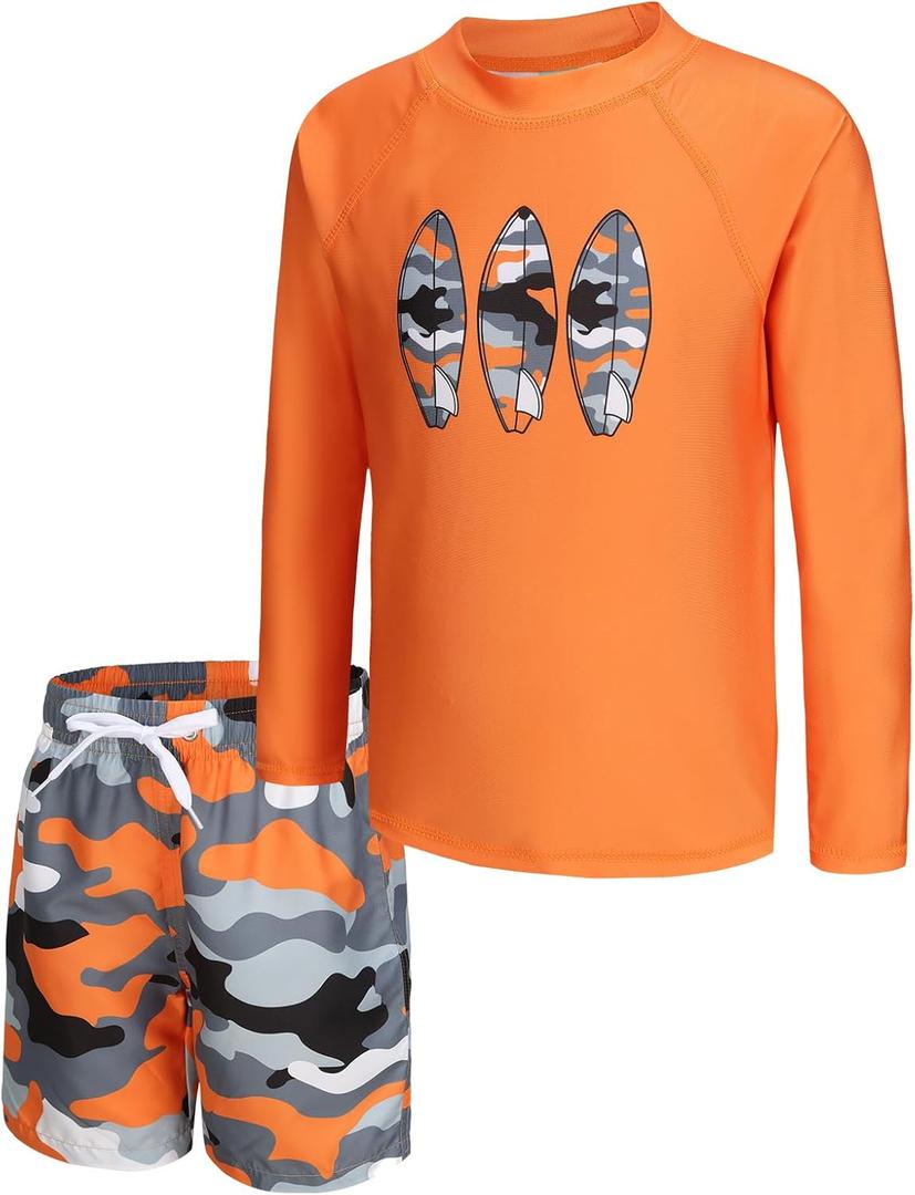 Boys Two Piece Rash Guard Swimsuits Set with Swim Trunk Kids Long Sleeve Bathing Suit Swimwear Set (14-16 Years, Orange Camo)