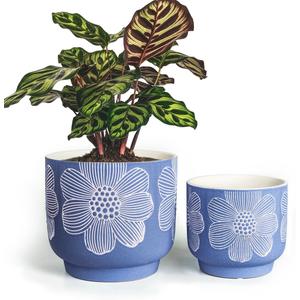 YBX 8 Inch + 6 Inch White Flower Pattern Plant Pots, Sand Glazed Ceramic Planter with Drainage Hole, Flower Pots for Indoor Plants, Blue