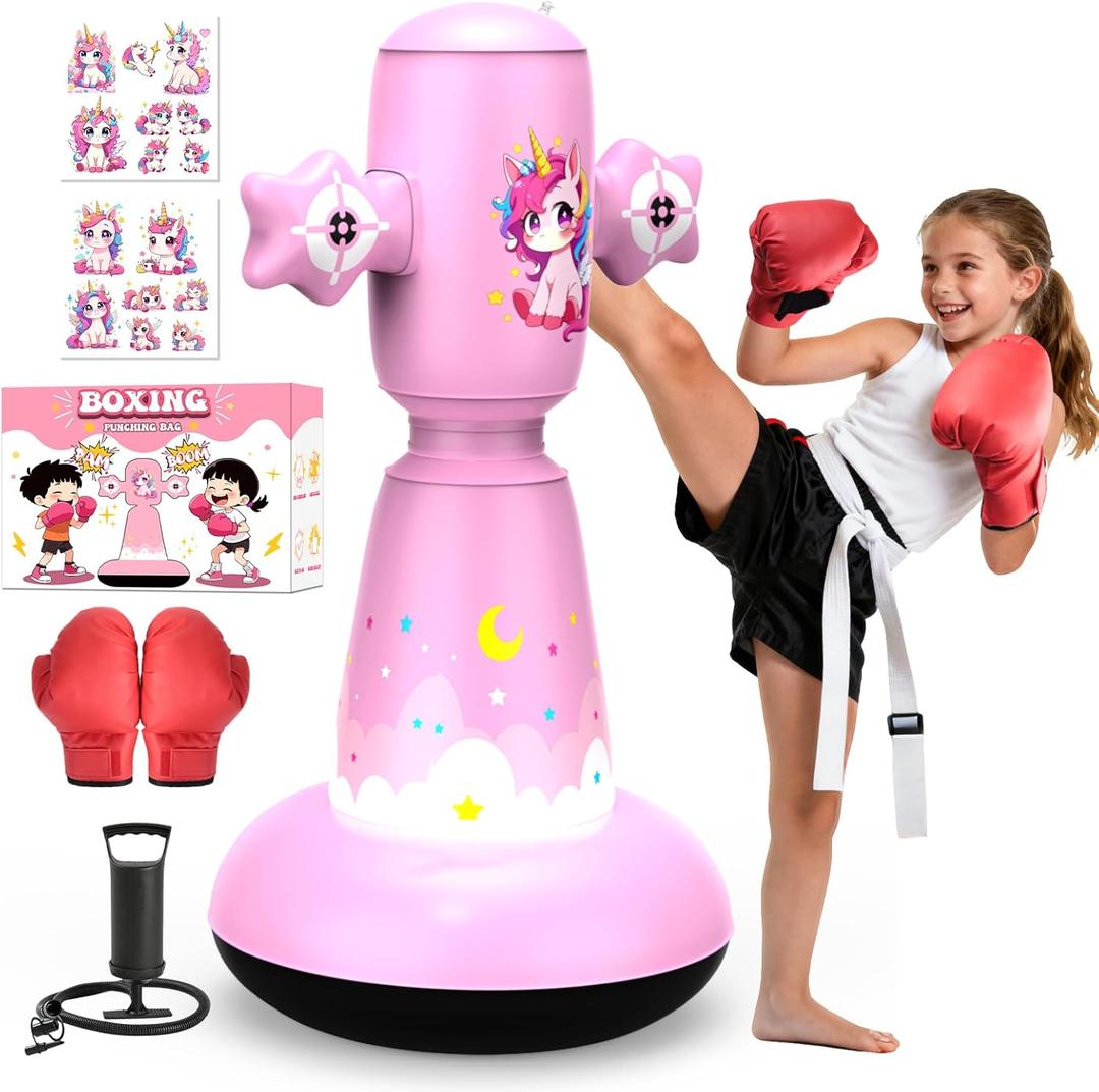 Kids Standing Punch Bag with Boxing Gloves 58 Inch Heavy Duty PVC Heavy Duty Free Standing Punch Bag Gift for Boys Girls Age 3-9 Karate Taekwondo