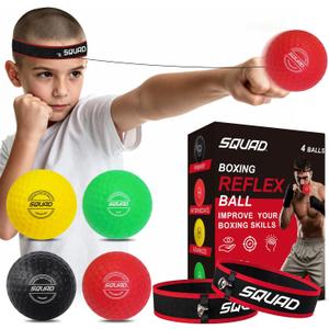 SQUAD Boxing Reflex Ball Set - 4-Level Reaction Balls + Adjustable Headband - Train Speed, Timing & Hand-Eye Coordination - Safe Fun for Kids & Adults - Boxing/MMA/Krav MAGA Home Workout Gift