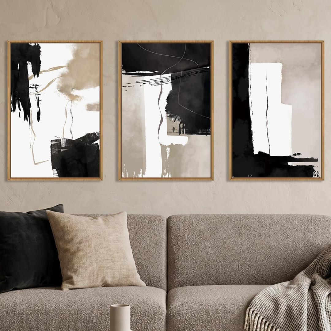 Abstract Black White Brown Framed Canvas Wall Art Set-24"x36"x3
Neutral Geometric Wall Decor,Modern Brush Stroke Wall Painting,Minimalist Artwork for Living Room,Bedroom,Dining Room,Office