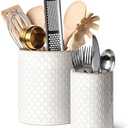 LE TAUCI Utensil Holder for Kitchen Counter - 7.1"+5.4" Ceramic Kitchen Utensil Holder Set of 2, Large Cooking Utensil Crock & Organizer for Spatula, Spoon - Embossed Kitchen Decor, White,Fireworks
