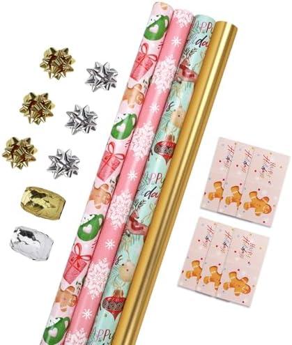 LaRibbons Christmas Wrapping Paper Set, Snowflake & Reindeer & Gingerbread Man Design with Gift Bow & Ribbons & Tags, Perfect for Christmas, Winter Party, 30 Inch X 10 Feet (4Rolls, 100 sq.ft.ttl.)