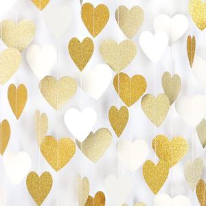White-Gold Champagne Party-Decorations Heart Streamers Garland - 52Ft Christmas Wedding Engagement Hanging Paper Banner, Bachelorette Neutral Baby Bridal Shower Decor Banners Lasting Surprise