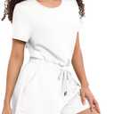 Casly Lamiit Women's Summer Short Sleeve Romper 2025 Casual Loose Crewneck Short Jumpsuit One Piece Outfits with Pockets (White, M)