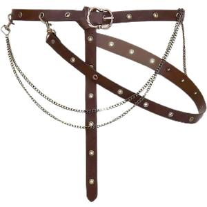 Medieval Chain Belt Faux Leather Metal Cross Adjustable Renaissance Pirate Belts for Women Dresses Cosplay (Brown)