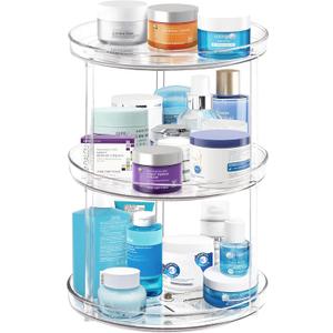 3 Tier Lazy Susan Bathroom Organizer - 9.25 Inch Clear Makeup Organizer with Skincare and Perfume Storage for Countertop