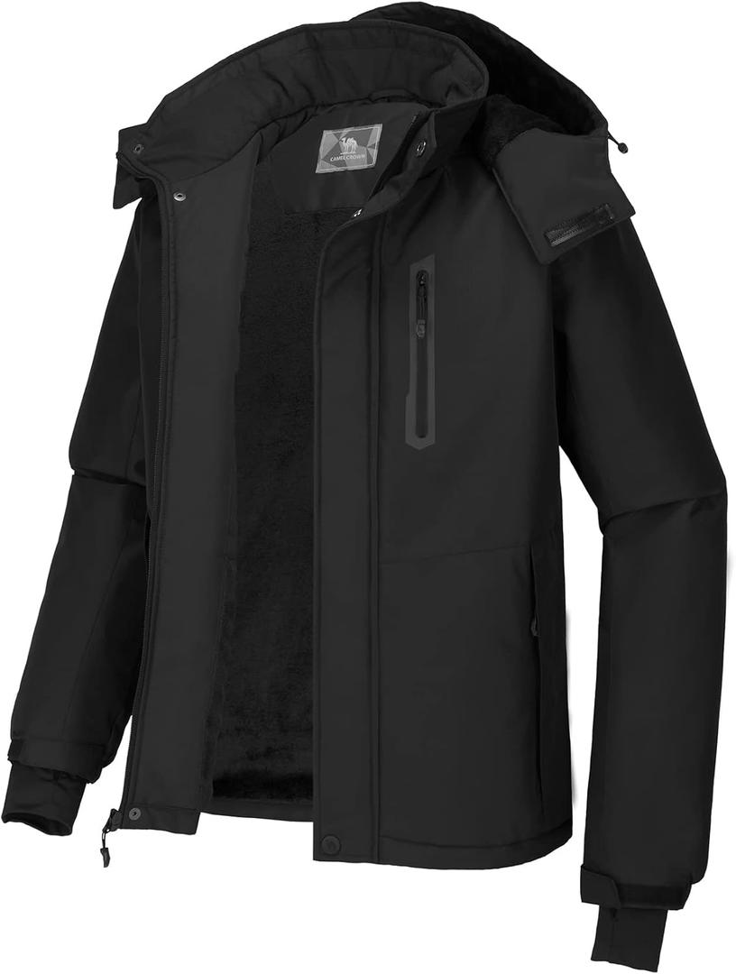 CAMEL CROWN Men's Mountain Snow Waterproof Ski Jacket Detachable Hood Windproof Fleece Parka Rain Jacket Winter Coat (Medium, Black)
