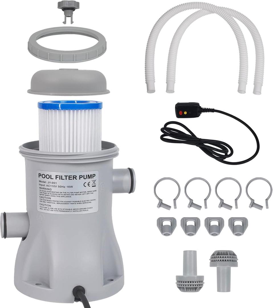 Filter Pump for Above Ground Pools, 330 GPH Filter for Inflatbale Pool, Flow Rate Pool Filter for Inflatable Swimming Pool Crystal Clear Filter Pump with 2 Filter Cartridges