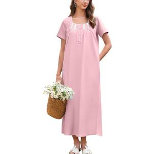 Ekouaer Long Nightgowns for Women Cotton Nightgown Short Sleeve Sleepdress with Pockets Full Length Sleepshirt Pink S