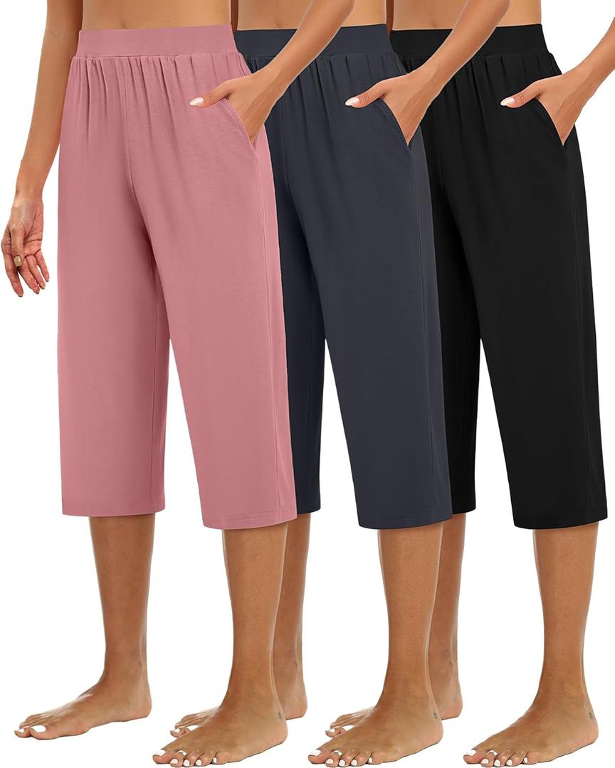Huukeay 3 Pack Women's Capri Sweatpants, Cozy Wide Legs Cropped Capri with Pockets, Lounge Jogger Pants Workout Yoga Solid (X-Large, Black, Dark Gray, Pink)