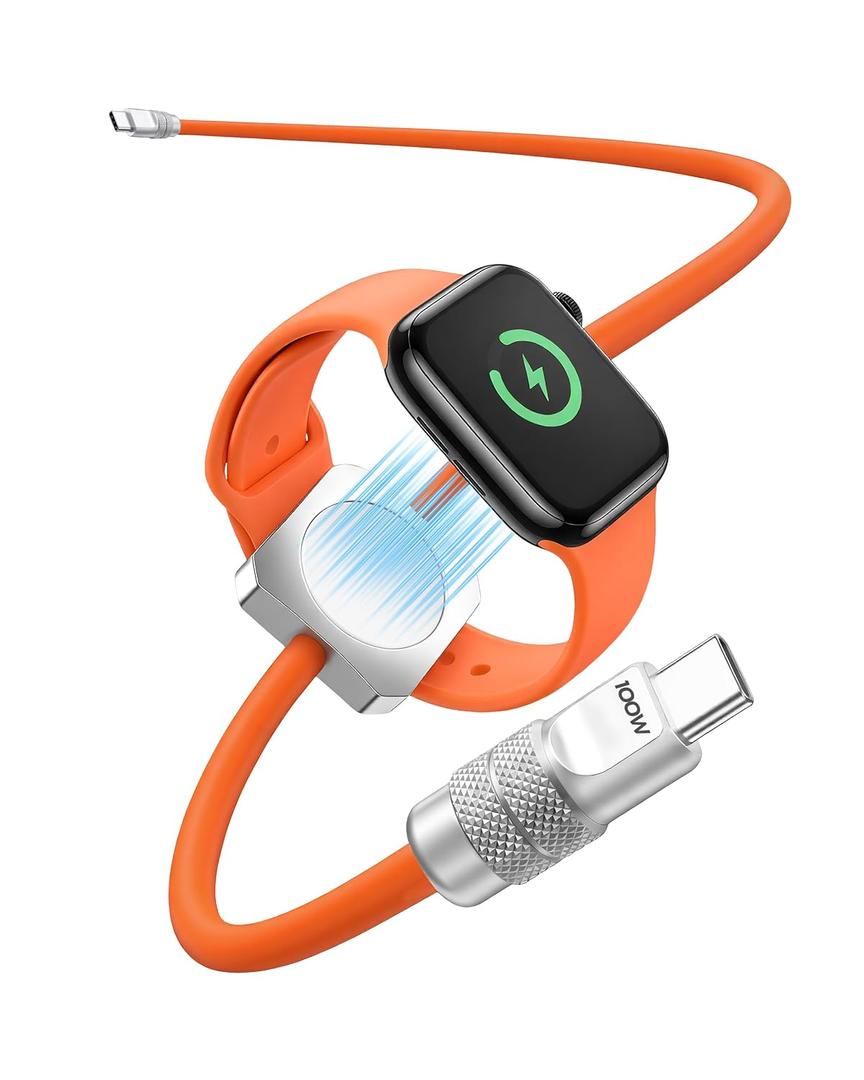 chubbycable Solo-Flex 2-in-1 USB-C Cable with Apple Watch Charger, Built-in 5W Magnetic Charger for Apple Watch, 100W Fast Charging, 4FT Thick Silicone Cable, Orange