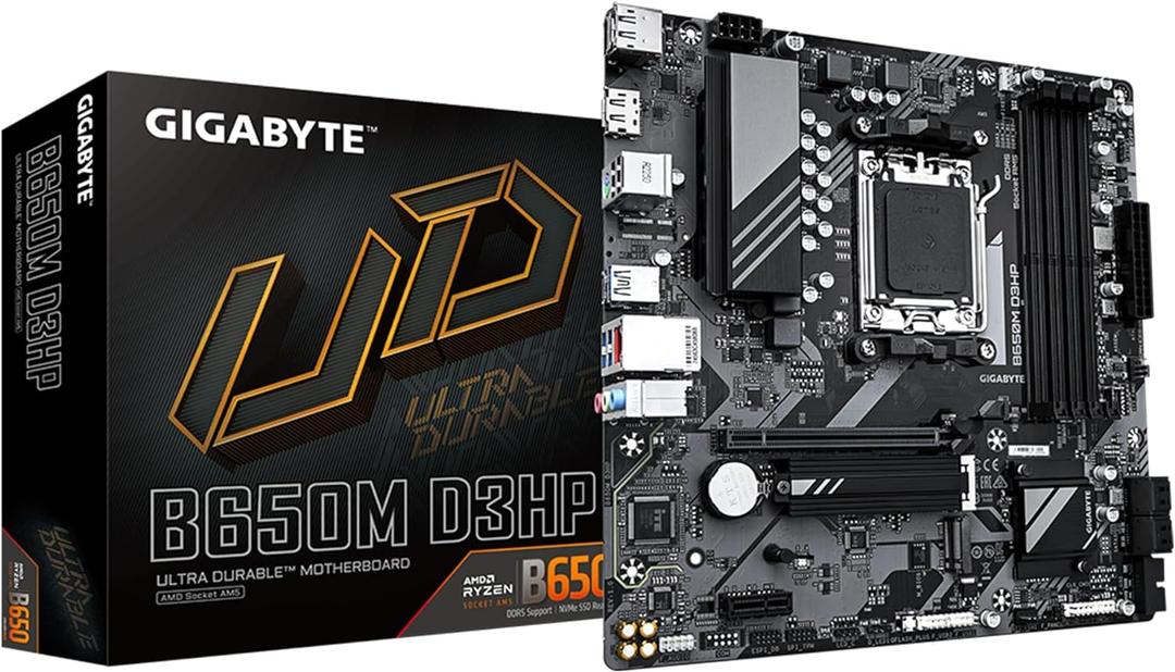 GIGABYTE B650M D3HP AMD AM5 mATX Motherboard, Support Ryzen 9000/8000/7000 Series, DDR5, 5+2+2 Power Phase, 2X M.2, PCIe 4.0, USB-C 3.2 Gen 1, 2.5 GbE, EZ-Latch, Q-Flash, RGB Fusion
