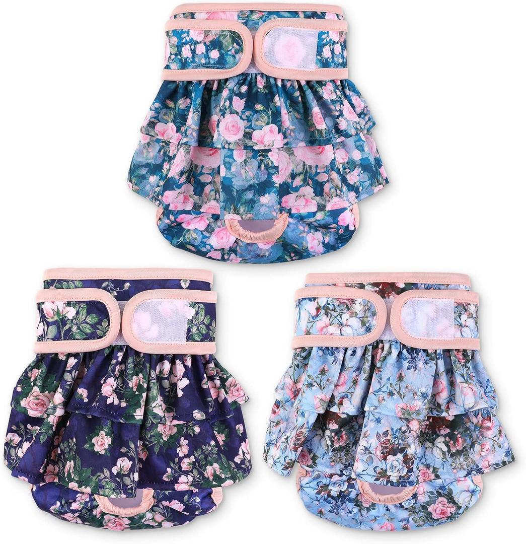 NOYAL Washable Dog Diapers Female Reusable High Absorbency Leak-Proof Rose Pattern Doggie Diapers 3 Pack (Medium 13-18.9'')