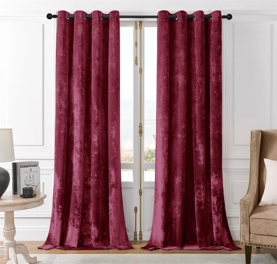 SMILETIME Burgundy Red Crushed Velvet Curtains 52x90 inch Luxurious Thermal Insulated Soundproof Drapes for Living Room Bedroom Office Soft and Durable Light-Filtering Window Treatments, 2 Panels