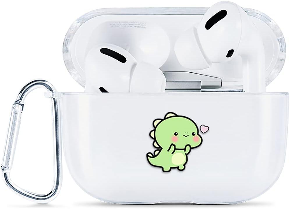 Airpods Pro Case Cover Cute Soft Silicone Clear with Pattern Designs for Women Men Shockproof Protective Case for Airpods Pro Case with Carabiner [Front LED Visible] (Baby Dinosaur With Metal Hook)