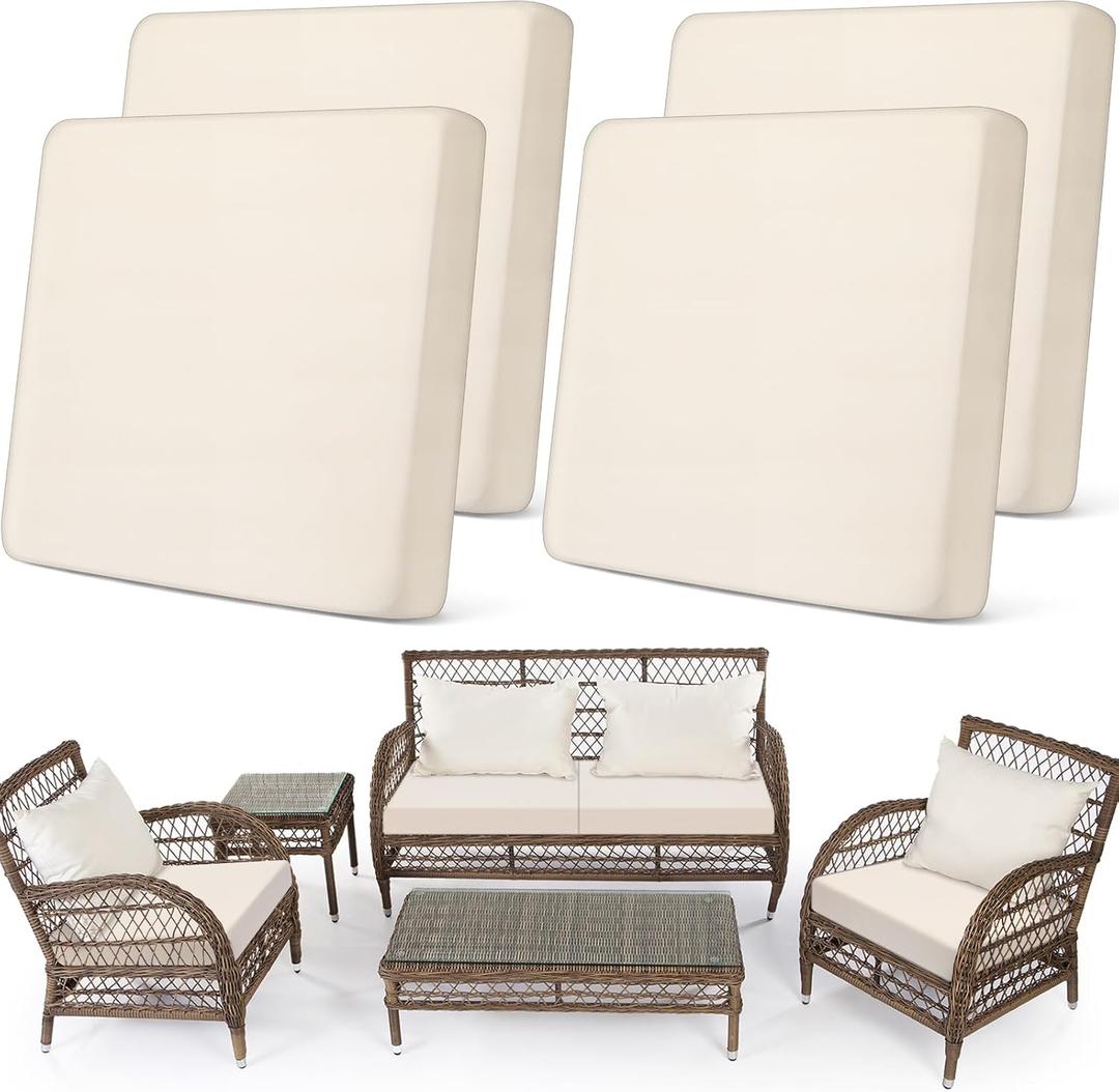 Newwiee 4Pcs Patio Cushion Covers Stretch Outdoor Cushion Cover Replacement for Patio Furniture Sofa Couch Slipcovers, Soft Flexibility Washable Furniture Protector(Waterproof Pure,Beige)