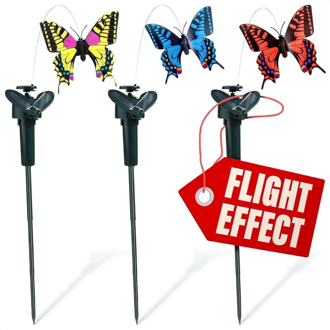3 Pcs Fluttering Solar Butterfly Garden Stakes  Moving Butterfly Decorations with Solar Butterflies, Weathervane Waterproof Outside Decor Stakes, Three Bright Colors | Battery NOT Included